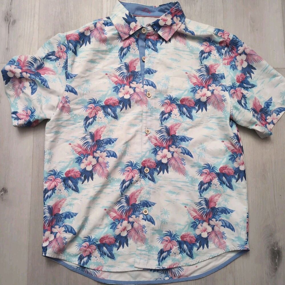 Tommy Bahama Coconut Point Shirt Mens M Blue Pink Hawaiian Print Button Up